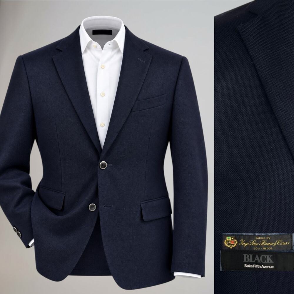 Loro Piana Italy Super 120 x Saks Blazer 42R Blue Hopsack Marbled Silver Buttons